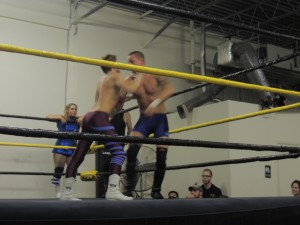 Qefka The Quiet, Brittany Blake, and Kit Osbourne vs Preacher Finneus James, Brooke Danielle, and Galloping Gary at CZW Dojo Wars VII 01